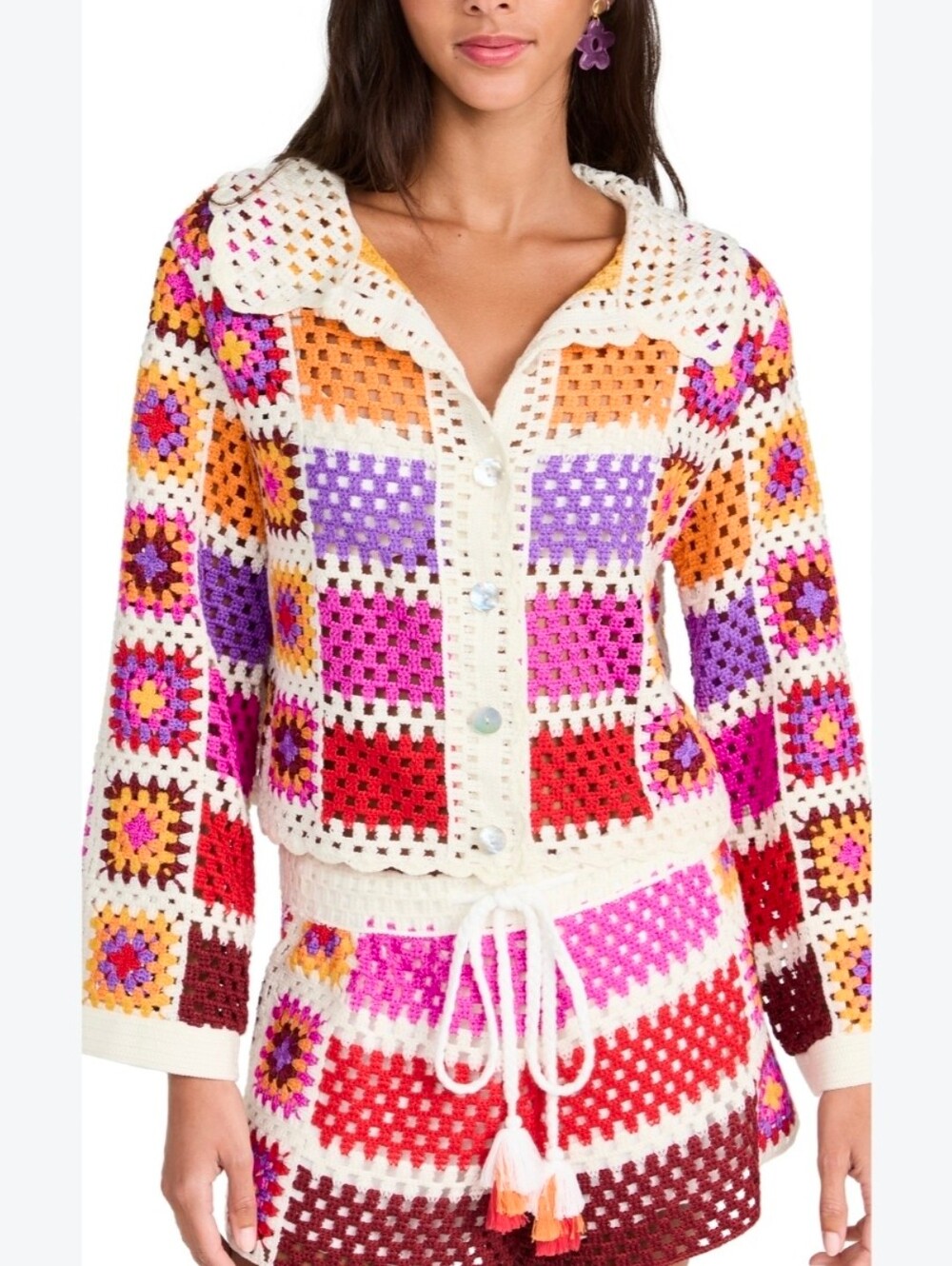 SET OF 2 Farm Rio Granny Square Crochet  Cardigan M + Shorts S Terry Cloth Lined
